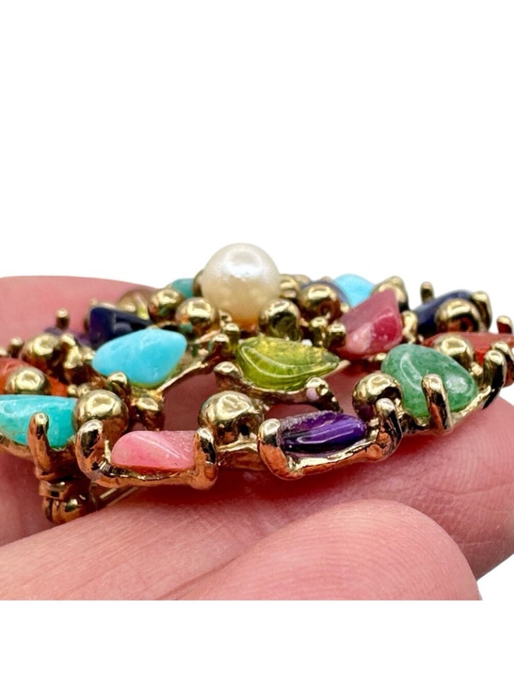 Vintage Multicolor Gemstone Chip Cluster Brooch 70s BOHO Gold Tone Cast Setting - Picture 9 of 16